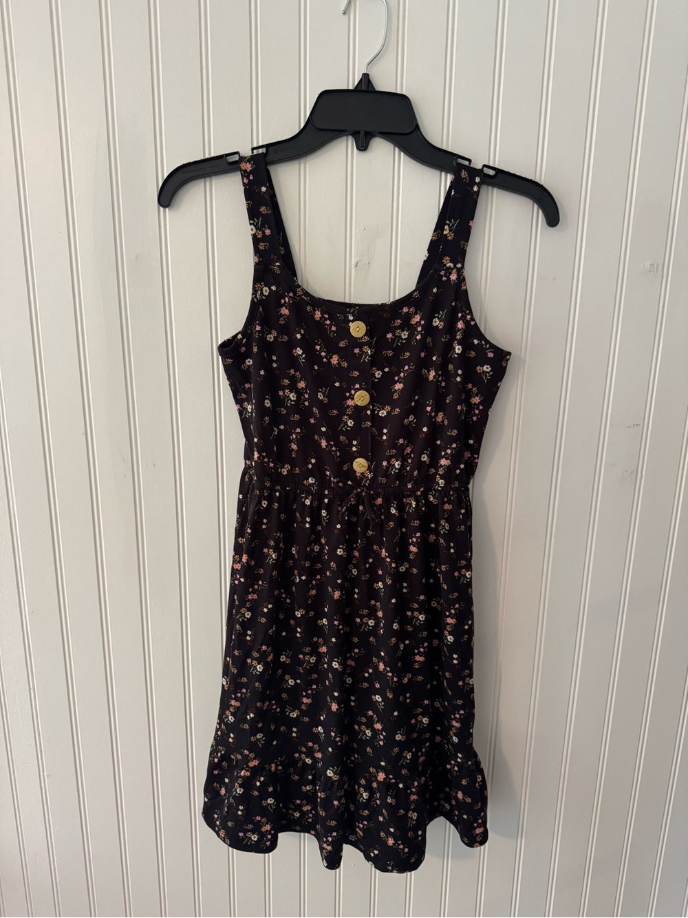 Girls Black Floral Button-Front Casual Dress
